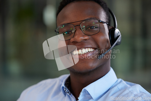 Image of Portrait, customer service and black man with telemarketing, smile or crm with tech support, business or headphones. Face, male person or consultant with happiness, headset or telecom sales with help