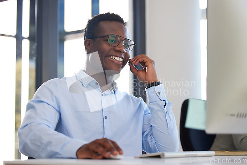 Image of Business, call center or black man with telemarketing, smile or crm with customer service, help or telecom sale. Agent, male person or consultant with happiness, ecommerce or tech support with advice