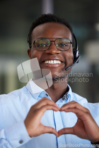 Image of Customer support, portrait or happy black man with heart hands sign for call center care, help desk consultation or service. Networking person, face or African consultant with kindness, love or smile