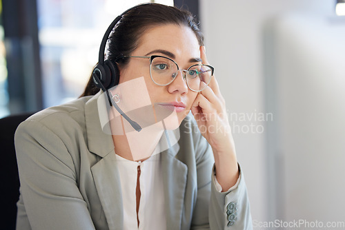 Image of Customer service, computer and business woman bored with help desk work, networking overtime or telemarketing. Burnout fatigue, technical support and insurance agent tired, depressed and reading info