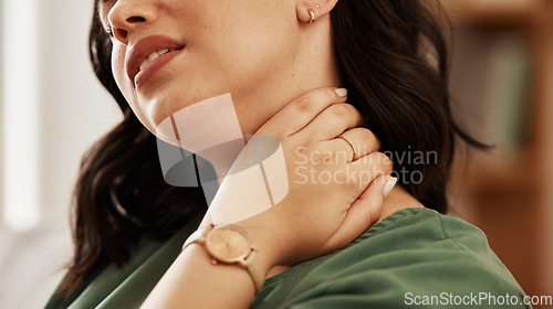 Image of Neck, pain and face of woman with stress, joint inflammation and arthritis crisis at home. Healthcare, injury and closeup of female person with muscle ache, nerve tension and anxiety of fatigue