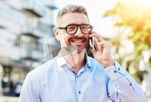 Image of Phone call, smile and mature businessman in the city walking in urban street with confidence. Happy, communication and professional male corporate ceo on mobile conversation while commuting in town.