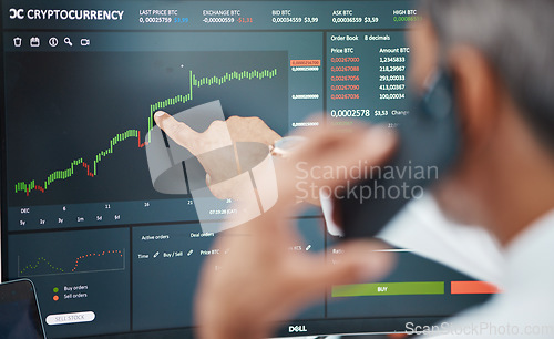 Image of Phone call, man and computer screen for cryptocurrency, stock market and finance. Smartphone, trading and person with chart, statistics or analytics for investment growth, blockchain or communication