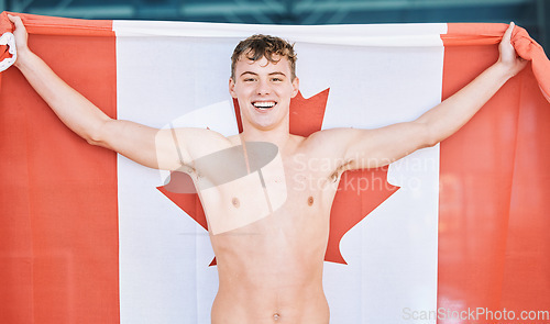 Image of Canadian flag, smile and portrait of man for sport, swimming and Canada fan. Banner, national maple leaf and face of happy athlete with patriotism, pride and represent country, support or motivation