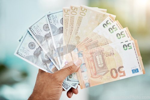 Image of Cash in hand and dollars or euros from winning lottery, prize or bonus with interest, profit or investment of savings in bank. Finance, winner and money notes or lotto, award from cashback and credit