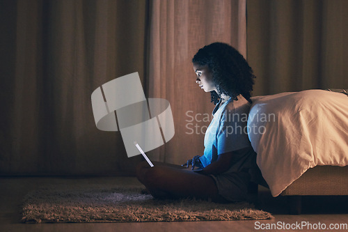 Image of Laptop, bedroom and woman on internet at night for website, online social media and relax in home. Bed, computer and person streaming movie, film and video on pc technology with insomnia in house.