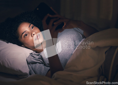 Image of Relax, night and phone with woman in bedroom for social media app, insomnia and networking. Communication, contact and internet with female person in bed at home for mobile, online and technology