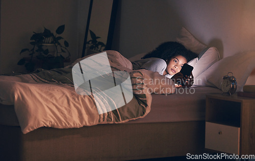 Image of Contact, night and phone with woman in bedroom for social media app, insomnia and networking. Communication, search and internet with female person in bed at home for mobile, online and technology