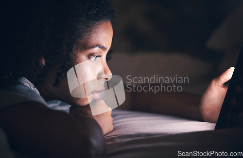 Image of Relax, insomnia and phone with woman in bedroom for social media app, night and networking. Communication, contact and internet with female person in bed at home for mobile, online and technology