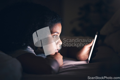 Image of Insomnia, online and phone with woman in bedroom for social media app, night and networking. Communication, contact and internet with female person in bed at home for mobile, search and technology