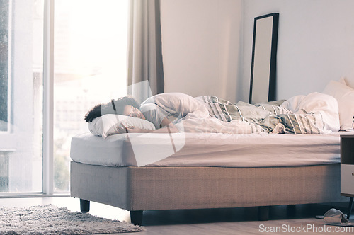 Image of Sleeping, woman and bed with morning nap and home with rest feeling calm with peace. House, bedroom and tired female person relax and comfortable on a pillow with blanket dreaming over the weekend