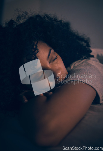 Image of Woman, sleeping and night in bed with rest and dreaming of a tired girl in a bedroom at home. House, female person and nap in the dark with pillow and feeling sleepy and relax with a duvet blanket