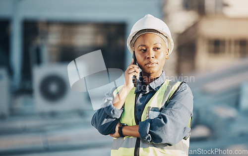 Image of Phone call, solar panel and black woman conversation, thinking or talk about photovoltaic plate, sustainability or ideas. Renewable energy, smartphone and female engineer advice for electrical power