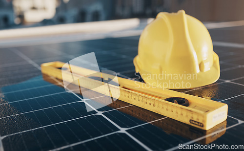 Image of Solar panel, engineering tools and renewable energy isolated for maintenance and construction work. Industrial, sustainability and equipment on a rooftop for eco friendly power project and safety