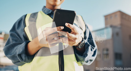 Image of Phone, construction worker hands and person typing, networking or search info about inspection, maintenance or building. Cellphone communication, closeup builder or engineer research architecture