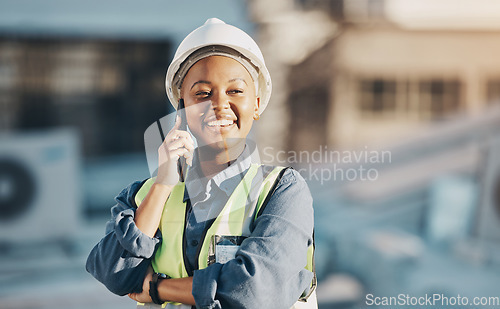 Image of Phone call, construction worker and black woman conversation, smile or talk about roof inspection, advice or chat. Cellphone communication, builder or female engineer happy about rooftop architecture