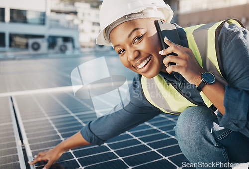 Image of Portrait of happy black woman, solar panel and phone call for photovoltaic plate, sustainability advice or maintenance. Eco friendly energy, cellphone and female engineer smile for power saving check