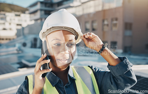 Image of Face of black woman, rooftop solar power and phone call about photovoltaic plate, sustainability or project. Renewable energy, cellphone communication or female engineer talking about electrical grid