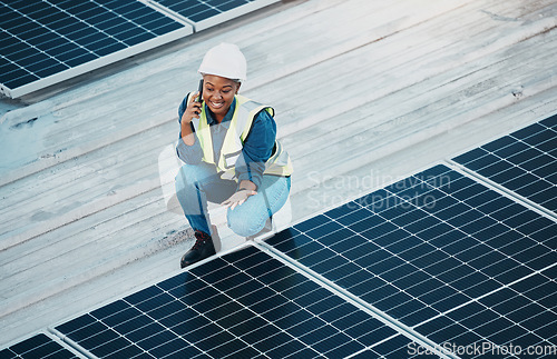 Image of Rooftop phone call, solar panel and happy woman communication about renewable energy saving. Sustainable electrical grid, cellphone discussion and female engineer inspection of photovoltaic power
