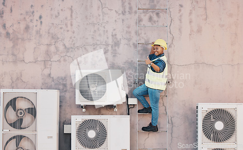 Image of Technician woman, air conditioning maintenance or thumbs up with smile, success or portrait on ladder by building wall. African engineer, emoji or sign for yes, agreement or achievement for ac repair