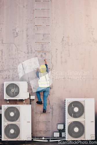 Image of Technician, ladder and outdoor wall for air conditioner maintenance, construction or site inspection. Engineering person, climbing and safety helmet for ac repair, check and analysis or hvac service