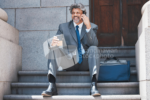 Image of Business man, phone call and city steps on coffee break with lawyer networking and communication. Mobile, male employee and professional talking with tea on technology ready for attorney work