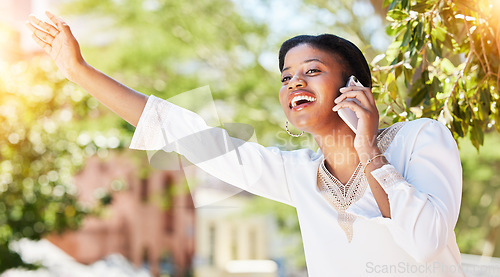 Image of Phone call, wave and cab with black woman in city for travel, communication and transportation. Taxi, lens flare and contact with person and mobile for hailing taxi service in outdoors for commute