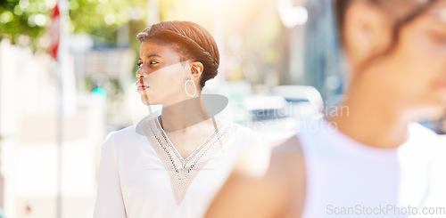 Image of Flare, thinking and a business black woman walking in the city on her morning commute for corporate work. Street, idea and vision with a young professional female employee in an urban town for travel