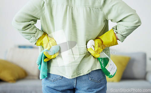 Image of Back, ready and hands with product for cleaning, home service or tools for chores in the living room. House, start and a person or cleaner with spray and gear for hygiene in a lounge for housekeeping