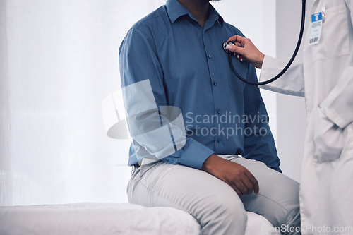 Image of Doctor, patient and consultation with stethoscope for heart, healthcare services and medical mockup space. Closeup, cardiology and check lungs for breathing, chest assessment and hospital consulting