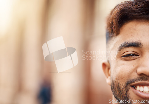 Image of Smile, half face and mockup for branding, advertising or marketing in the city. Happy, space and portrait of a person, employee or worker with confidence for recruitment or professional career