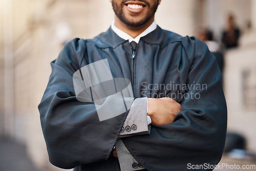 Image of Lawyer, smile and man with arms crossed in city for career attorney for justice in outdoor. Happy, judge and male person or professional at courthouse with confidence, positive and legal advise.