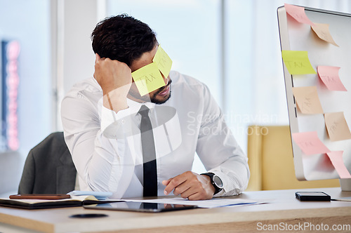 Image of Tax, problem and business man with sticky note in office for debt, audit or financial crisis on computer. Stress, tired or professional with burnout for mistake, fail or bankruptcy, bills or reminder