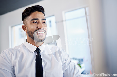 Image of Professional, man and success with smile at office for career as financial consultant or worker. Broker, happy and face at corporate workplace with business male or employee with positive expression.