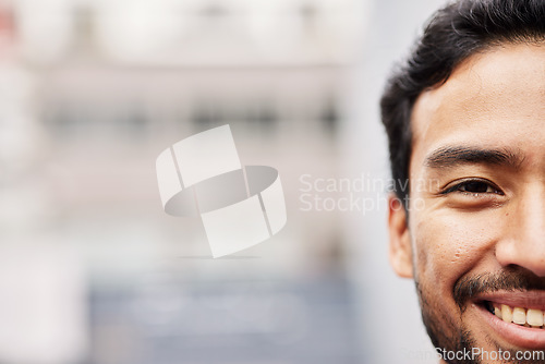 Image of Happy, half and portrait of a man in the city for business, work or mockup space for advertising. Smile, face and an Asian employee or businessman with bokeh for marketing or urban board in town