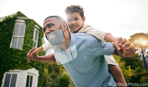 Image of Plane, relax and happy with father and son in garden for playful, bonding and love. Happiness, hug and smile with man and child playing in backyard of family home for real estate and new house