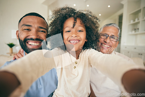 Image of Selfie of dad, grandfather and boy child in home for love, profile picture and quality time together. Face portrait of young kid with photography of family generations, memory or smile on fathers day