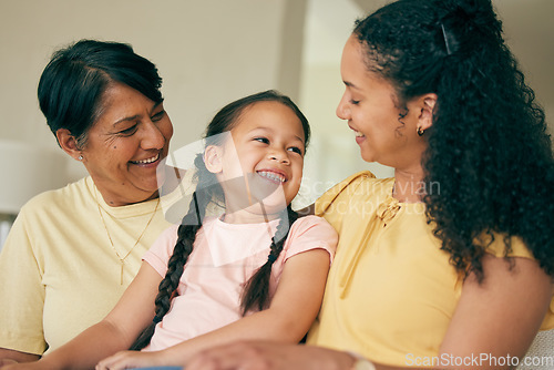 Image of Mother, family and home with fun and smile with parents, grandparents and young child together. Parent care, love and support with happy girl on a lounge sofa in a house bonding in a living room