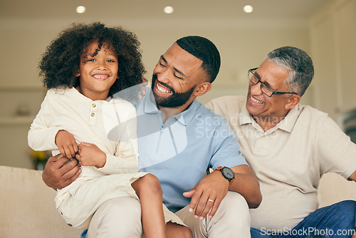 Image of Happy, family and home with father and relax with parents, grandparents and child together. Parent care, love and support with young kid on a lounge sofa in a house with a smile in a living room