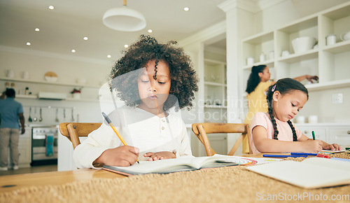 Image of Children, writing and learning with homework in family home with book, pen or focus for development at desk. Young kids together, drawing or thinking for assessment, homeschool and education in house