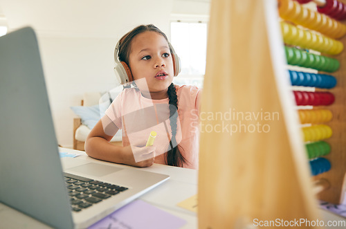 Image of Child, online learning and abacus with laptop and children education app with studying. Computer, young girl and headphones with tech and digital course with kids and elearning at home on desk