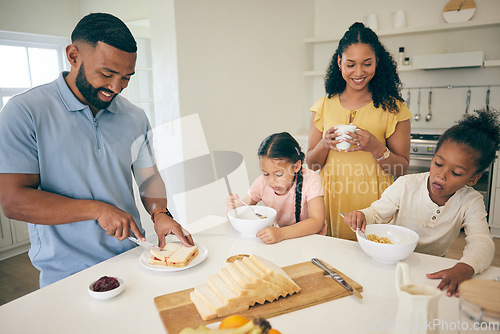 Image of Parents, prepare and children in kitchen for breakfast, lunch and eating meal at home together. Happy family, morning and girls, mother and father with food for healthy diet, hunger and nutrition