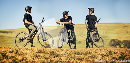 Image of Composite, man and mountain bike outdoor in nature for sports training or workout break. Collection, countryside and wellness of biker person for off road cycling challenge, travel or adventure art