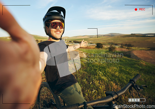 Image of Selfie, bike and portrait of man in nature for exercise, training and workout outdoor. Bicycle, smile and athlete recording video with digital screen for social media, profile picture and cycling