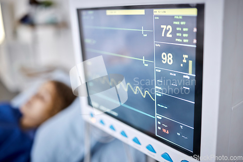 Image of Healthcare, monitor and heart rate in the hospital with a patient in recovery or in preparation of surgery. Medical, technology and cardiology with a person in the clinic for emergency medicare