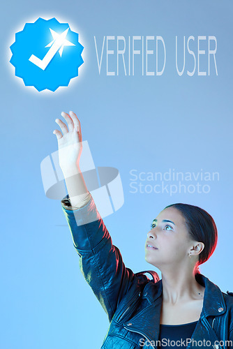 Image of Woman, invisible screen and verification on social media of identity for security, safety or process to register an online account. Ui, hand of user and click on verified login or virtual dashboard