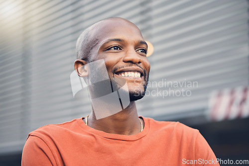 Image of Black man, smile and thinking outdoor on a city street with a positive mindset, idea and opportunity. Face of happy African person or student on an urban road with casual style and freedom on travel