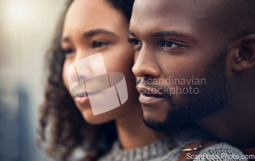 Image of Love, peace and couple with marriage, hug and bonding with romance, relationship and loving together. Romantic, black man and woman embrace, support and trust with commitment, calm and quality time