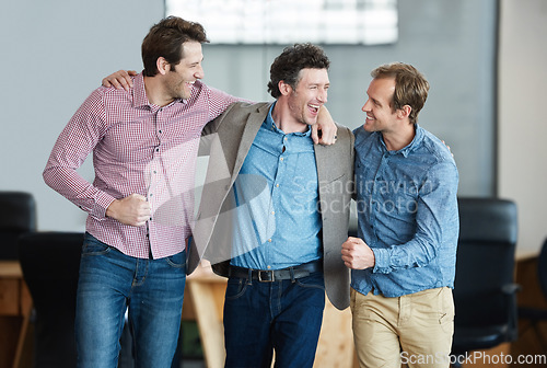 Image of Teamwork, success or excited business men in celebration of sales goals, winning victory or target. Winner, motivation or happy developers with fist pump for deal or achievement together in office