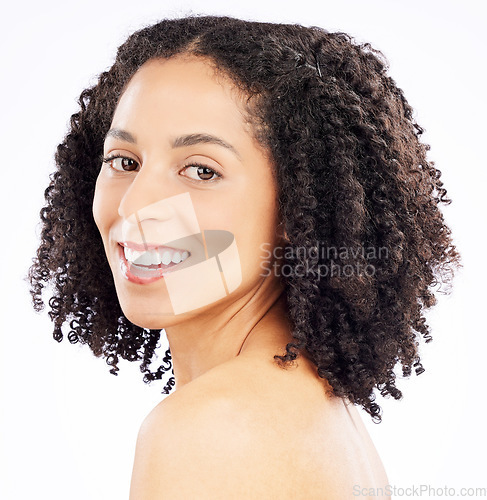 Image of Beauty, skincare and portrait of black woman on a white background for wellness, health and facial. Dermatology, studio and natural face of happy female person smile for cosmetics, makeup and luxury